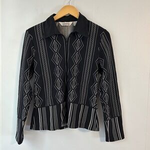 Stera VTGGeometric Print Zip Front Collar Jacket Black White Women's L